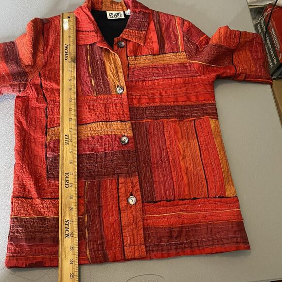 Vintage CHICOS Silk Shacket Patchwork Metallic Button Long Sleeve Womens 0 S Red - Picture 8 of 10